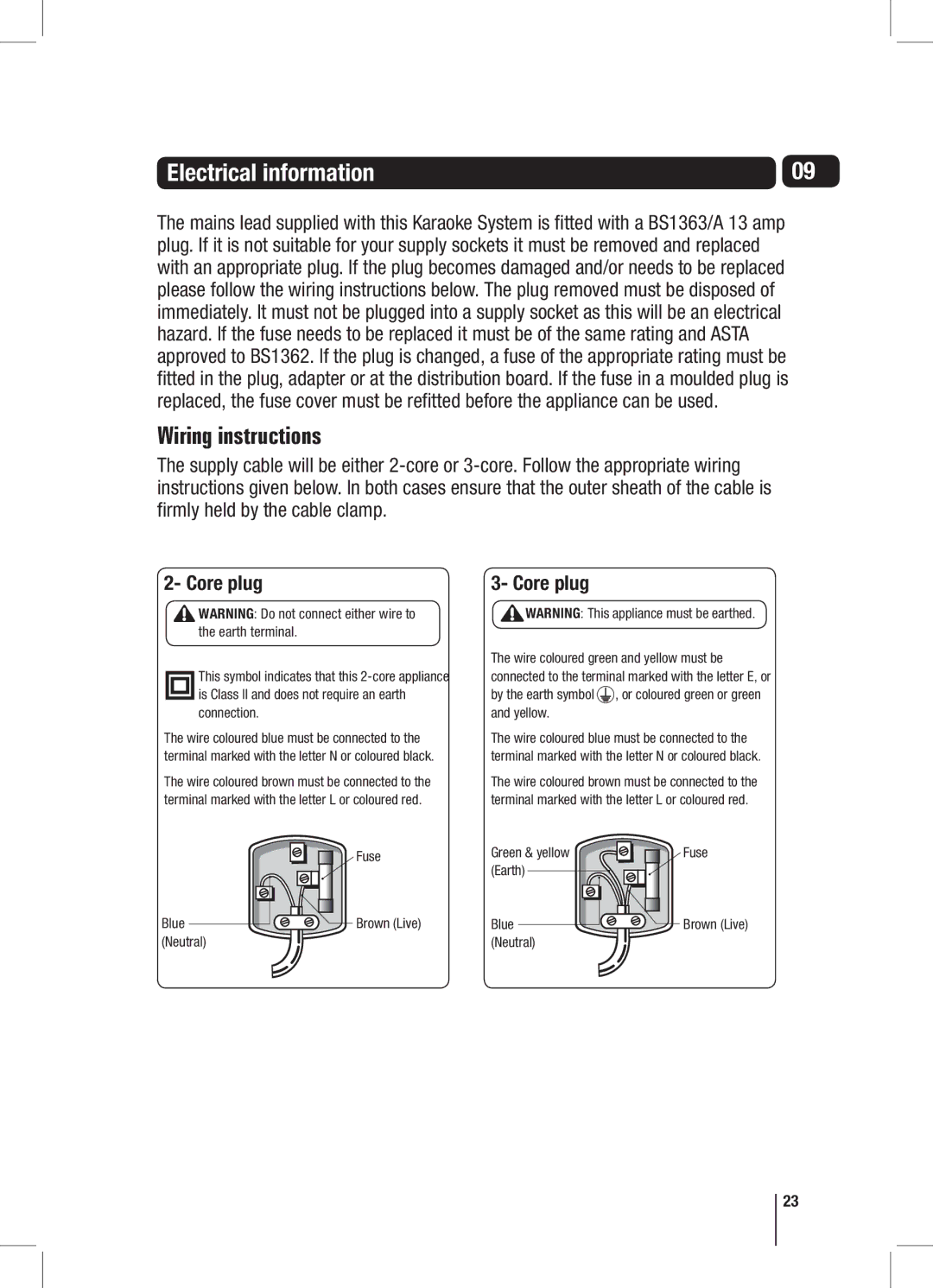 Goodmans XB7CDGIP manual Electrical information, Core plug 