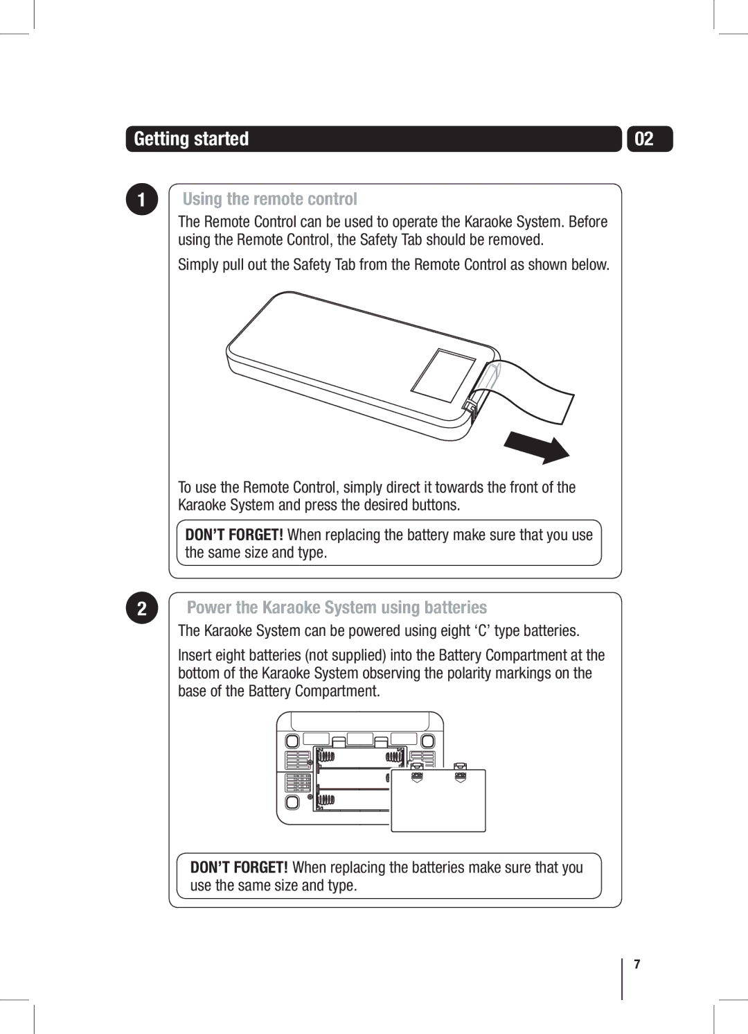 Goodmans XB7CDGIP manual Getting started, Using the remote control, Power the Karaoke System using batteries 