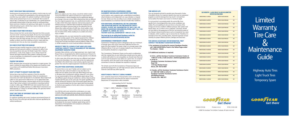 Goodyear SP-05-31344-308 manual DON’T Spin Your Tires Excessively, Do Check Your Tires for Wear, Retreaded Tires 