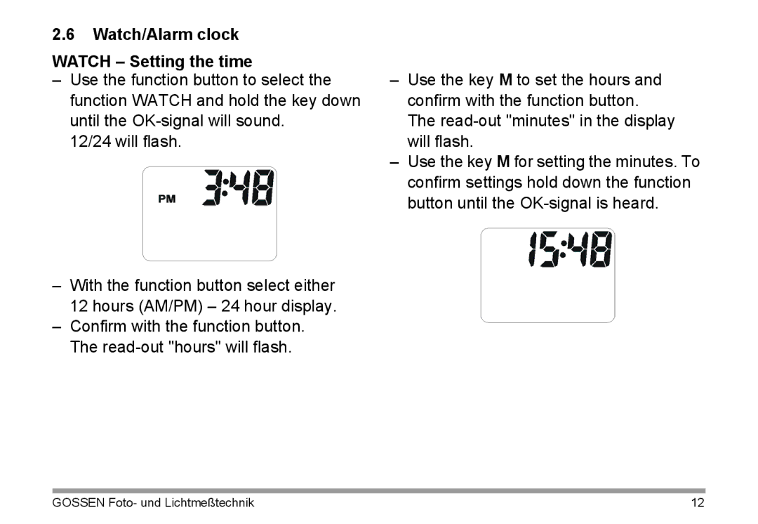 Gossen 15122 operating instructions Watch/Alarm clock Watch Setting the time 