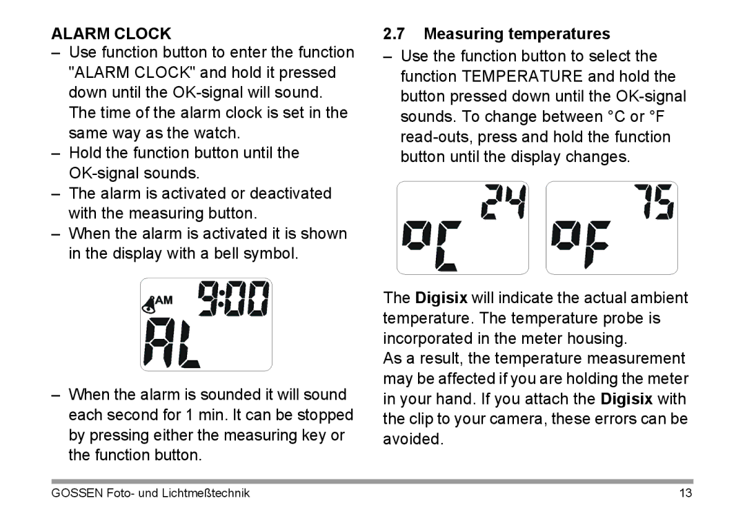 Gossen 15122 operating instructions Alarm Clock, Measuring temperatures 