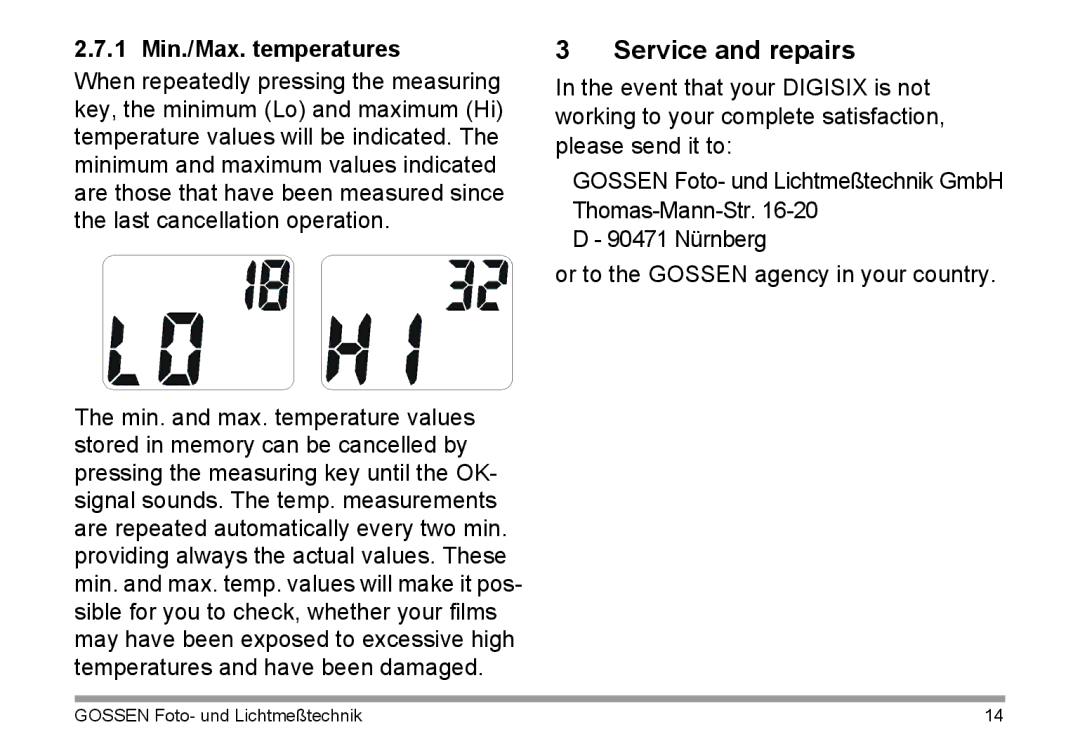 Gossen 15122 operating instructions Service and repairs, 1 Min./Max. temperatures 