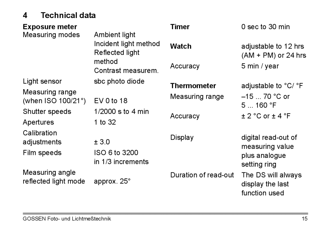 Gossen 15122 operating instructions Technical data, Exposure meter, Timer, Watch, Thermometer 