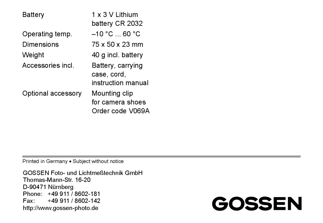 Gossen 15122 operating instructions Order code V069A 