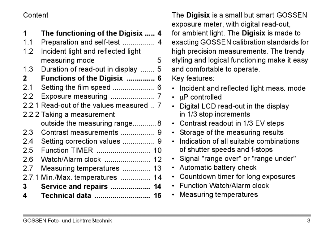 Gossen 15122 operating instructions Technical data 