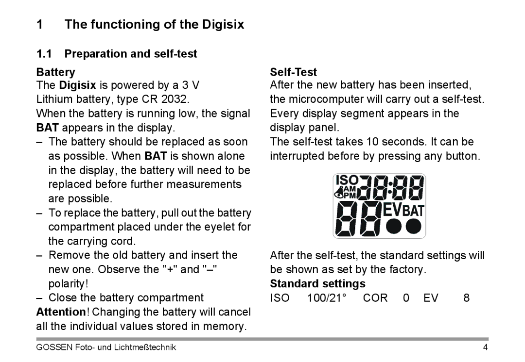 Gossen 15122 Functioning of the Digisix, Preparation and self-test Battery, Self-Test, Standard settings 