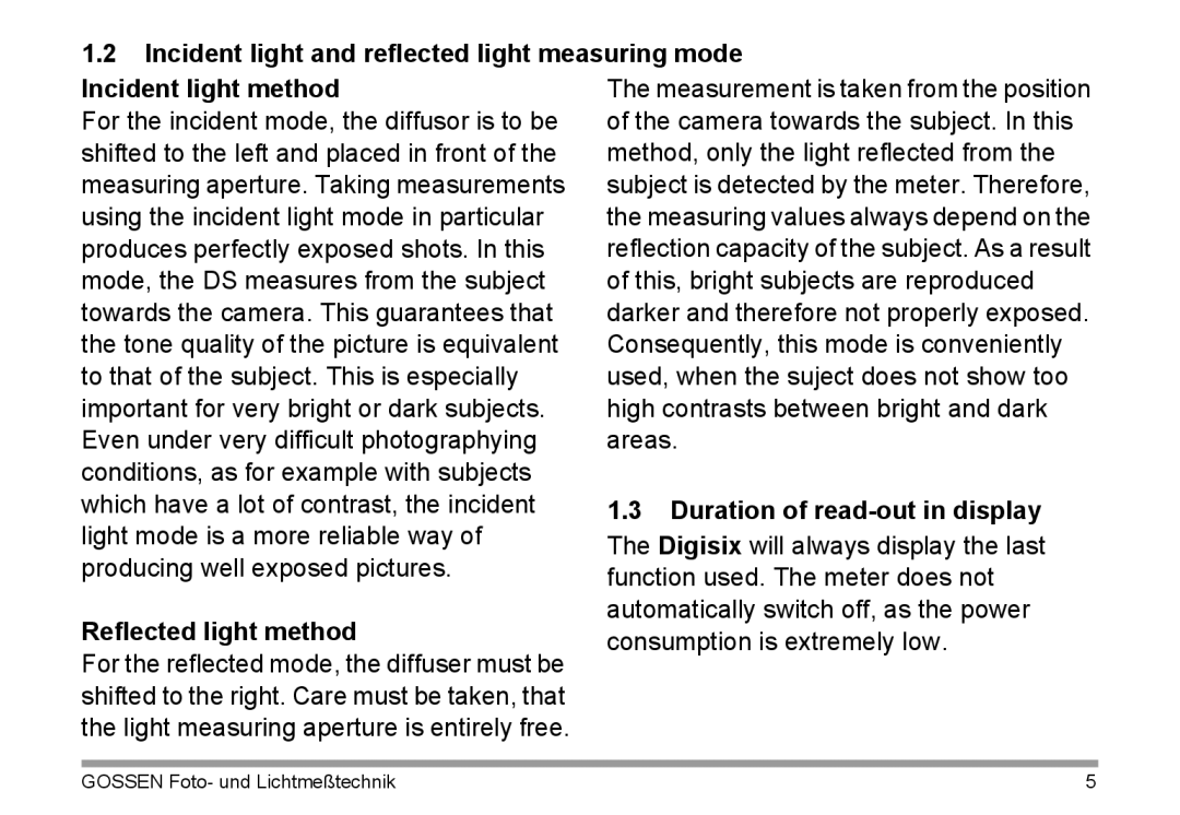 Gossen 15122 operating instructions Reflected light method 