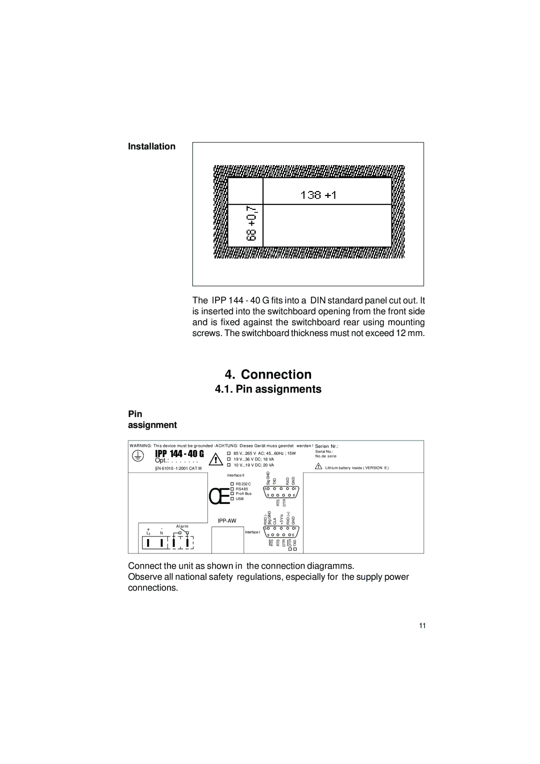 Gossen IPP 144 - 40 GE user manual Connection, Pin assignments, Installation, Pin Assignment 