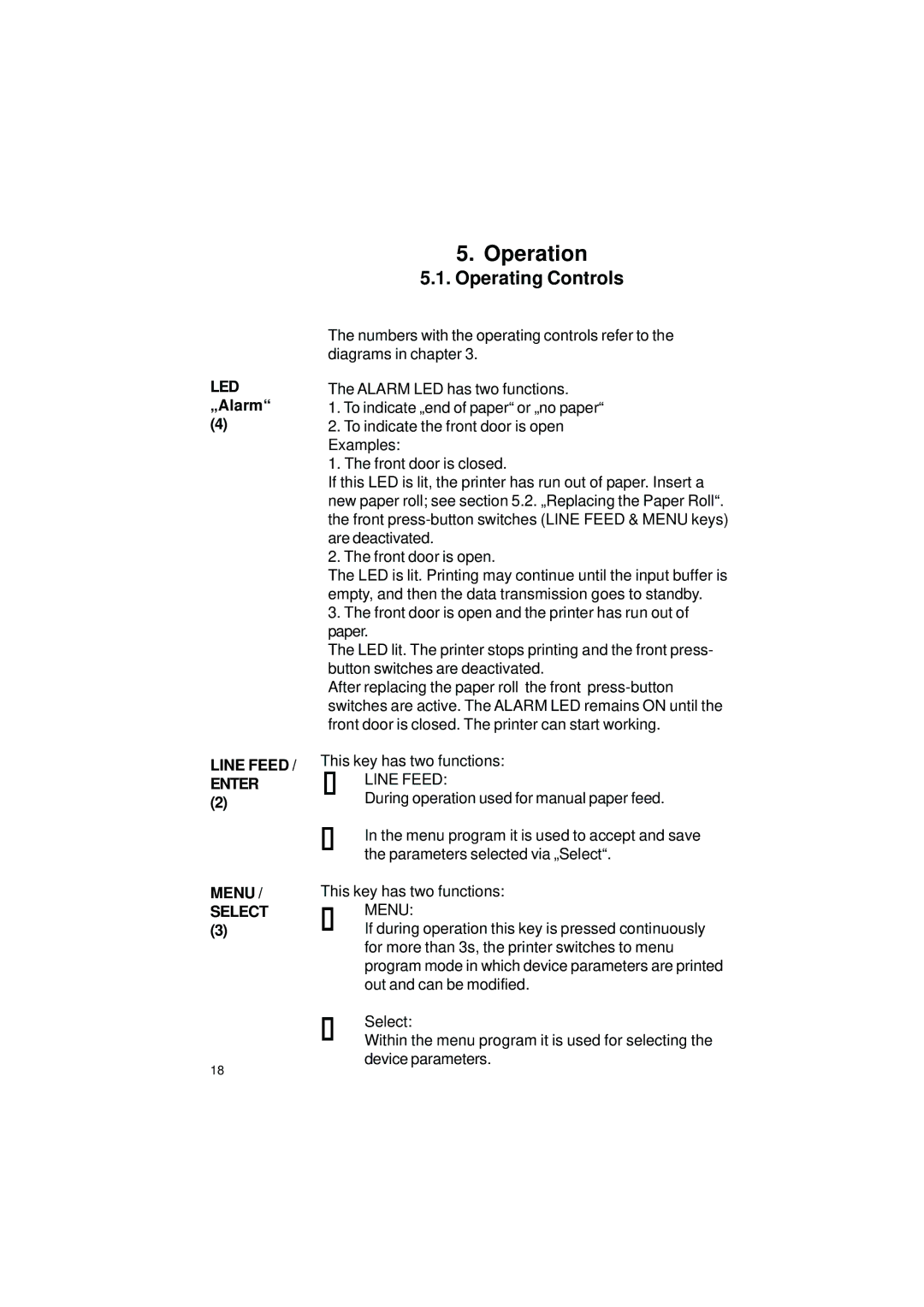 Gossen IPP 144 - 40 GE user manual Operation, Operating Controls, „Alarm, Line Feed 