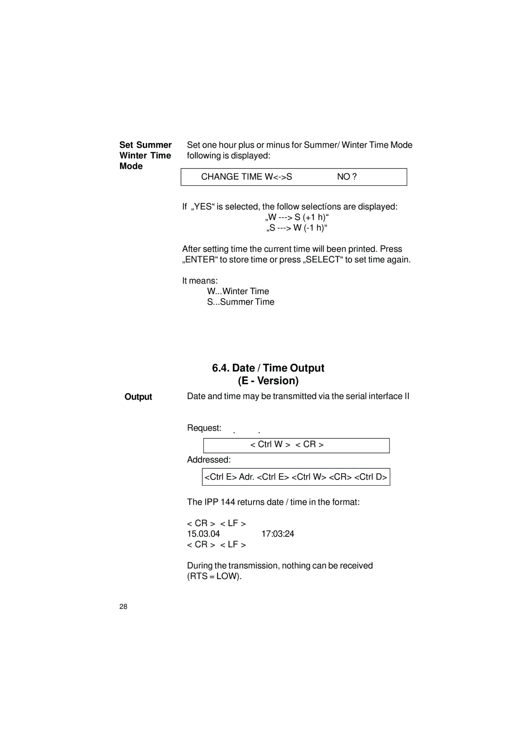 Gossen IPP 144 - 40 GE user manual Date / Time Output E Version, Set Summer Winter Time Mode, Change Time W-S 