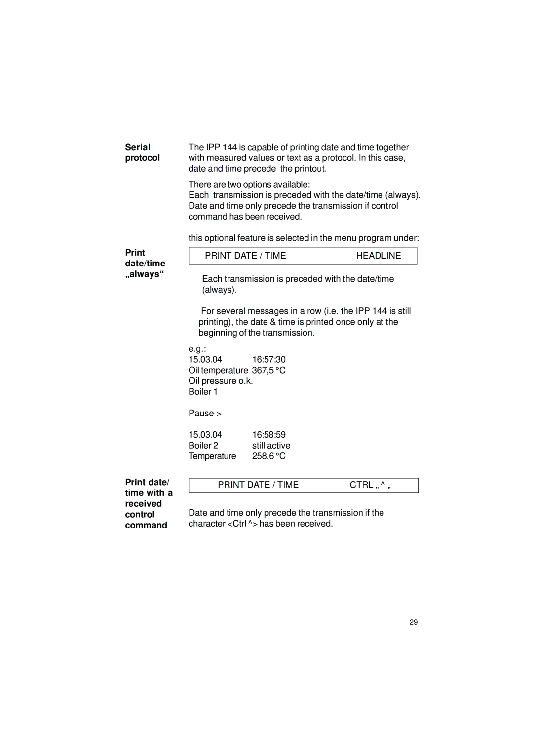 Gossen IPP 144 - 40 GE user manual Serial protocol Print date/time „always, Print Date / Time Headline 