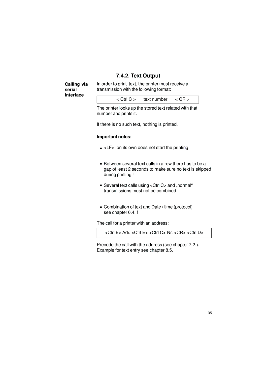 Gossen IPP 144 - 40 GE user manual Text Output, Calling via serial interface, Important notes 