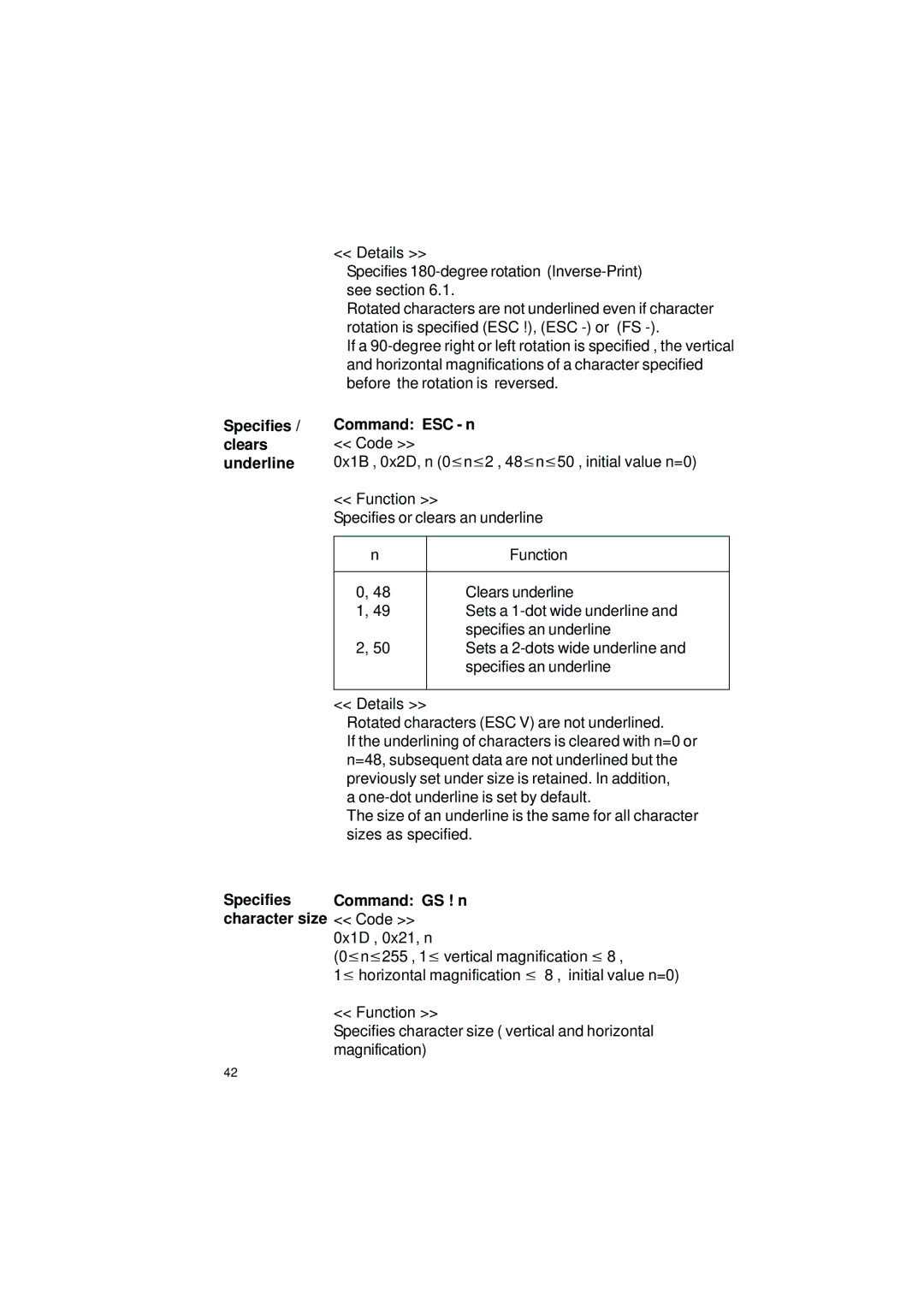 Gossen IPP 144 - 40 G Specifies / clears underline, Command ESC n Code, Specifies character size, Command GS ! n 