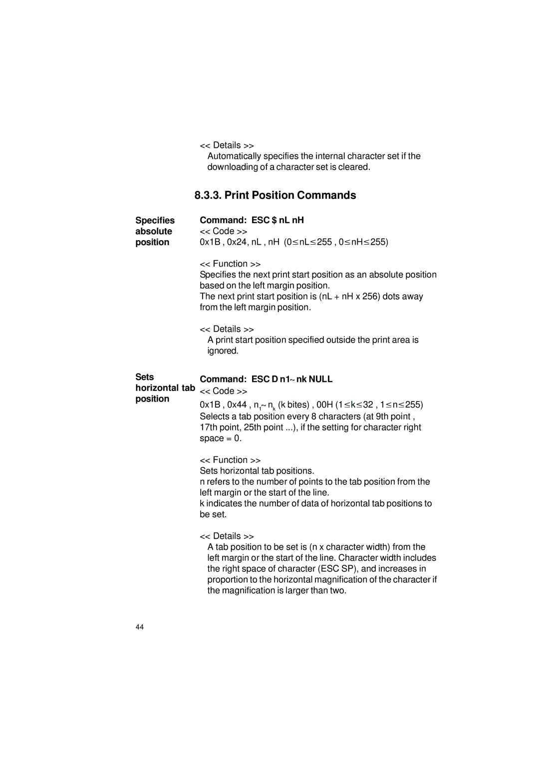 Gossen IPP 144 - 40 GE user manual Print Position Commands, Specifies Command ESC $ nL nH Absolute 