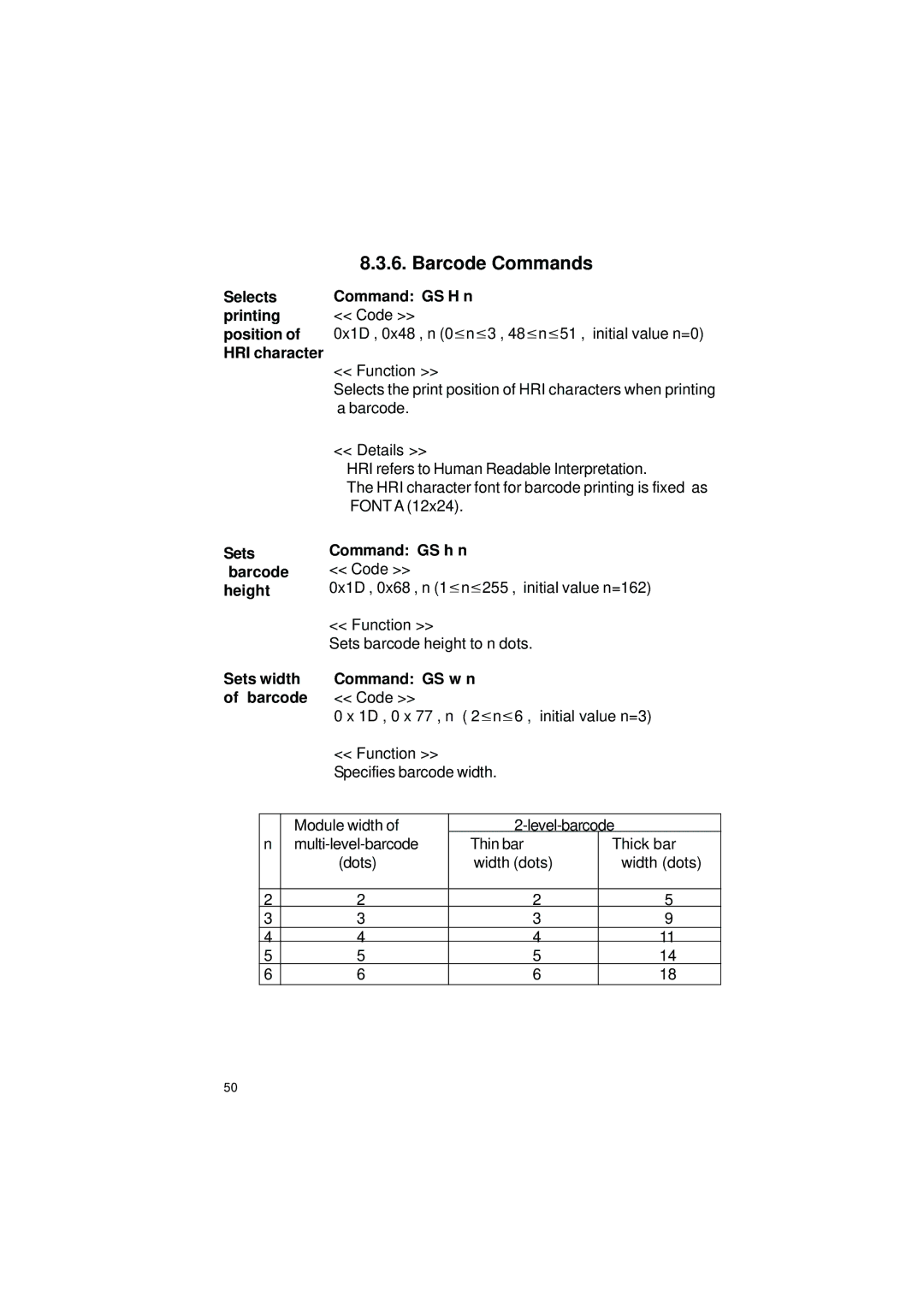 Gossen IPP 144 - 40 GE user manual Barcode Commands, Sets width Command GS w n Barcode 