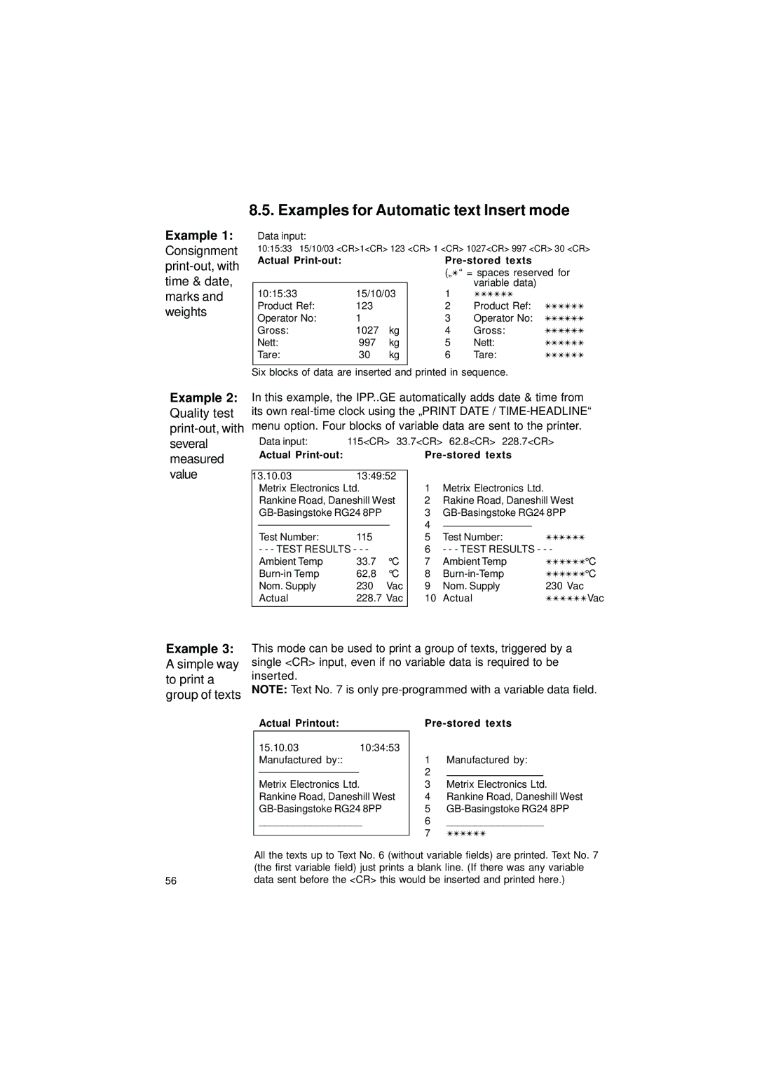 Gossen IPP 144 - 40 G user manual Examples for Automatic text Insert mode, Print-out, with time & date, marks and weights 