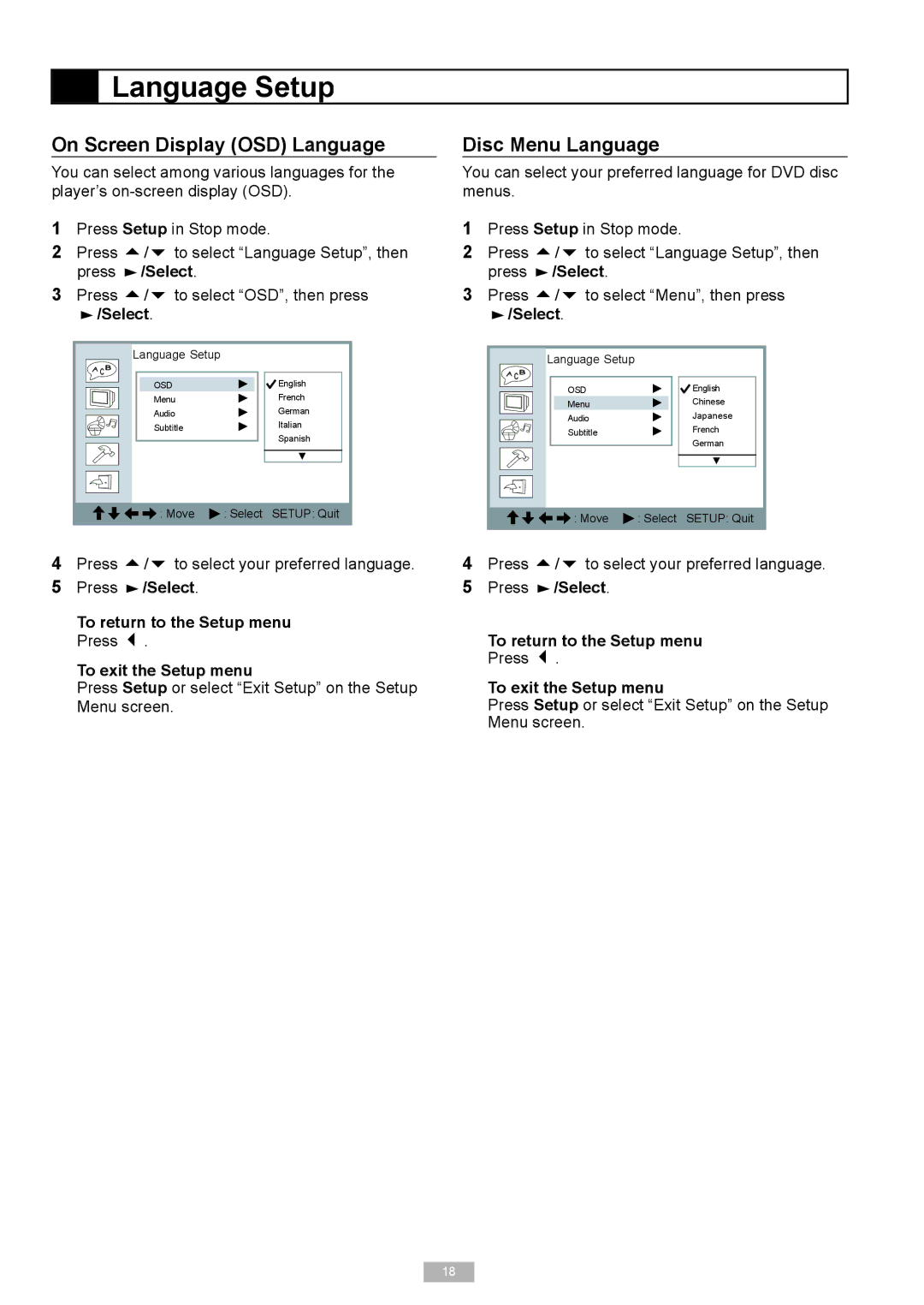 GoVideo 525p manual Language Setup, On Screen Display OSD Language, Disc Menu Language 