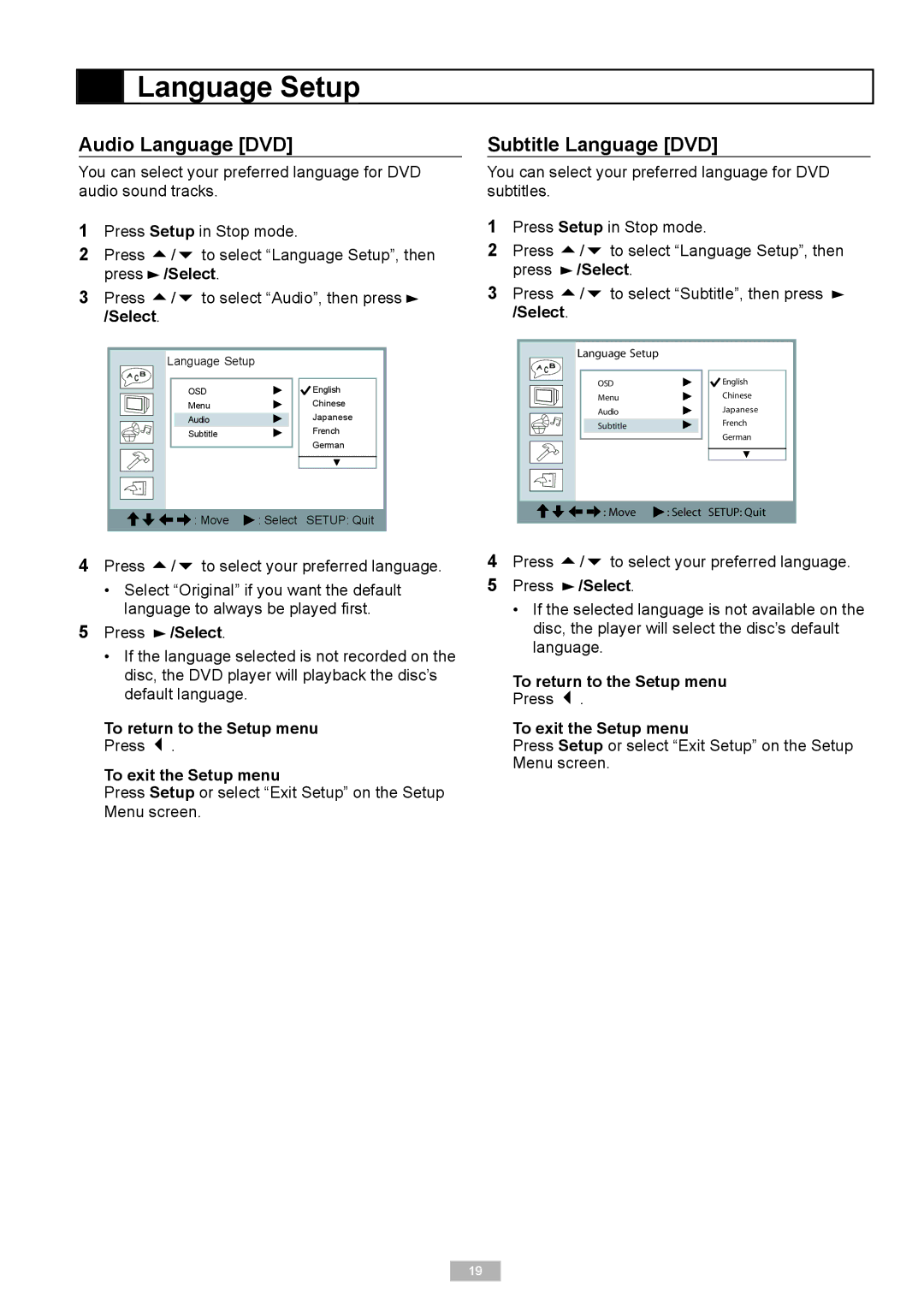 GoVideo 525p manual Audio Language DVD, Subtitle Language DVD 