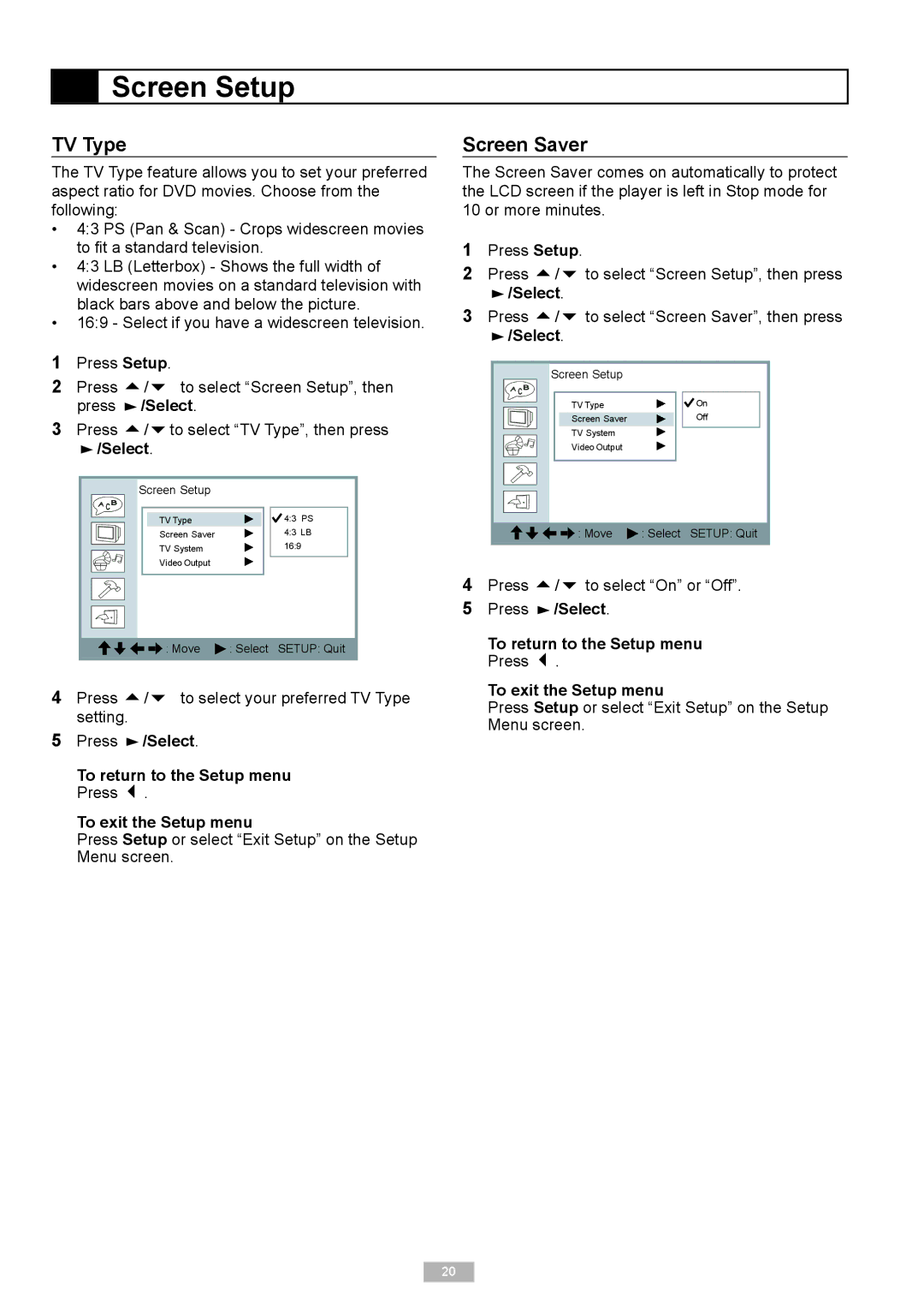 GoVideo 525p manual Screen Setup, TV Type, Screen Saver 