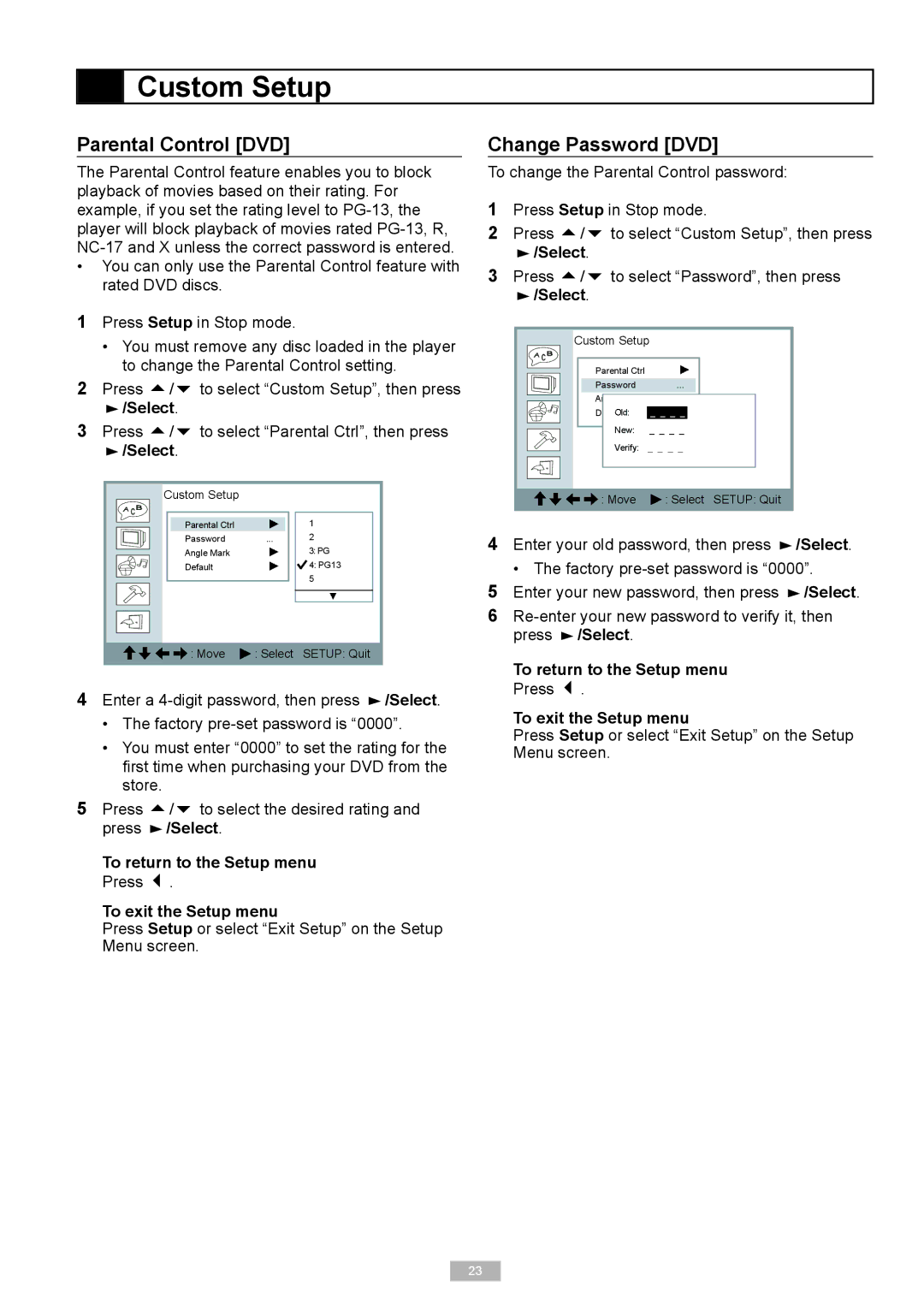 GoVideo 525p manual Custom Setup, Parental Control DVD, Change Password DVD 