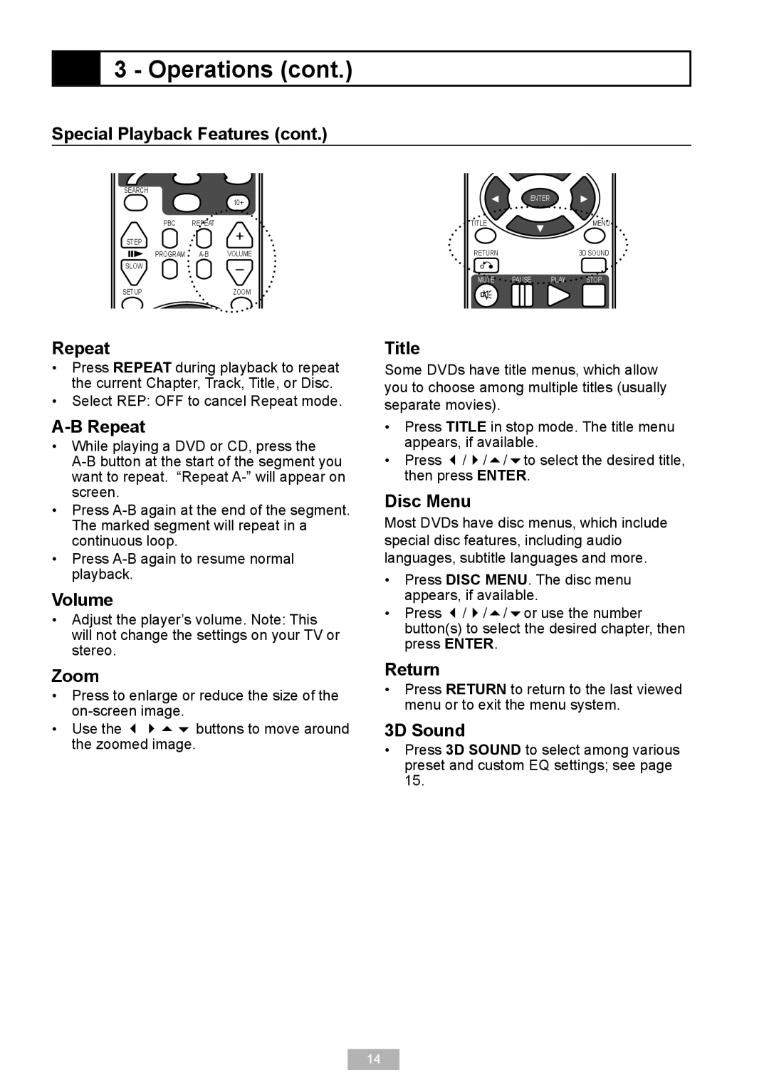 GoVideo D640 manual Repeat, Volume, Zoom, Title, Disc Menu, Return, 3D Sound 