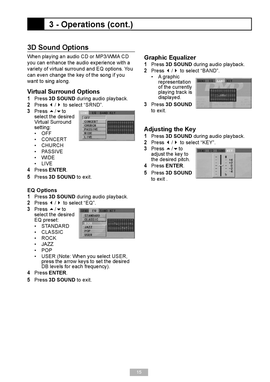 GoVideo D640 manual 3D Sound Options, Virtual Surround Options, Graphic Equalizer, Adjusting the Key 