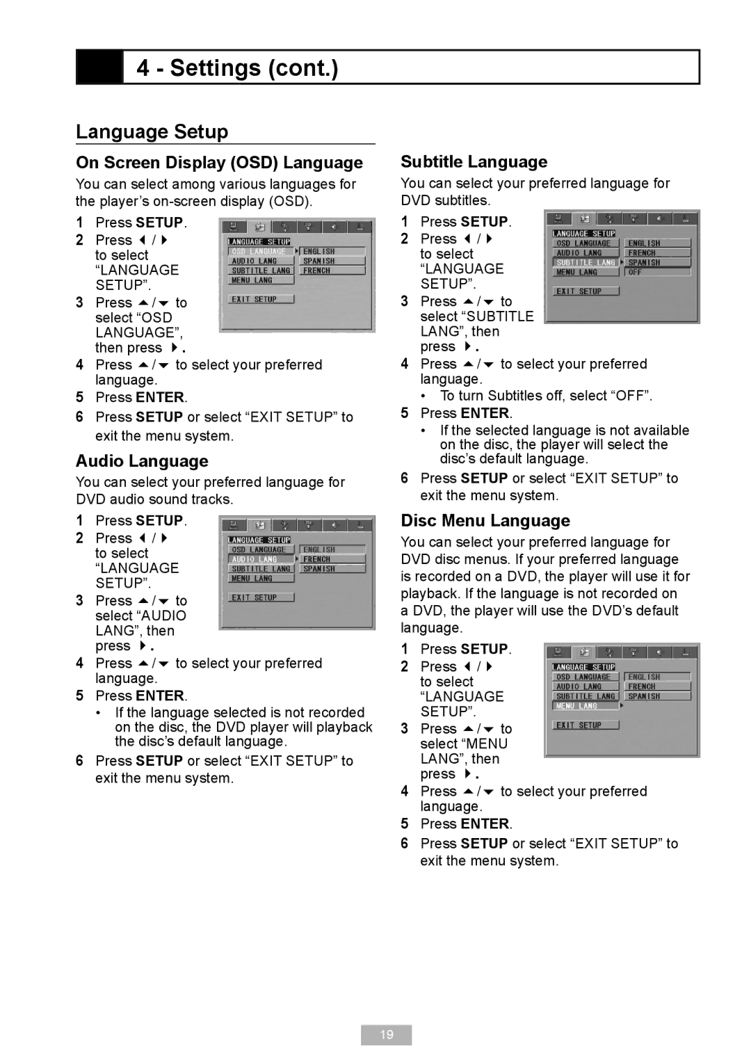 GoVideo D640 manual Language Setup, On Screen Display OSD Language, Audio Language, Subtitle Language, Disc Menu Language 