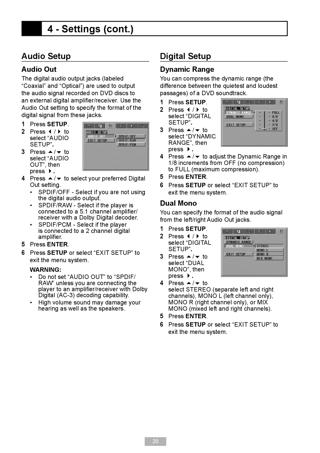 GoVideo D640 manual Audio Setup, Digital Setup, Audio Out, Dynamic Range, Dual Mono 