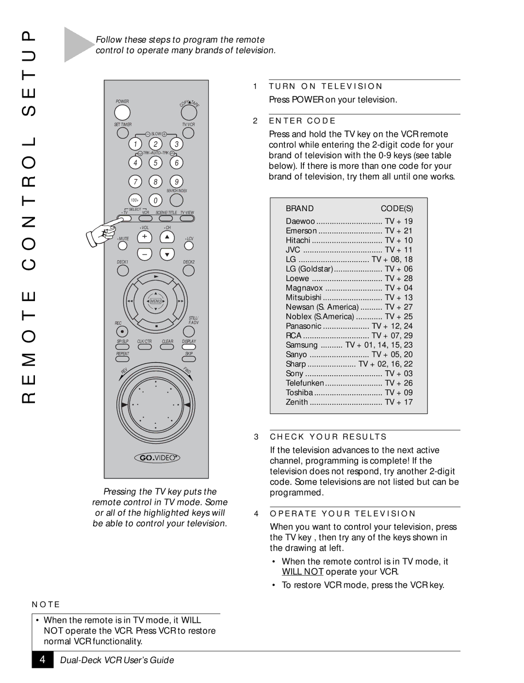 GoVideo DDV 2110 manual M O T E C O N T R O L S E T U P, Brand of television, try them all until one works 