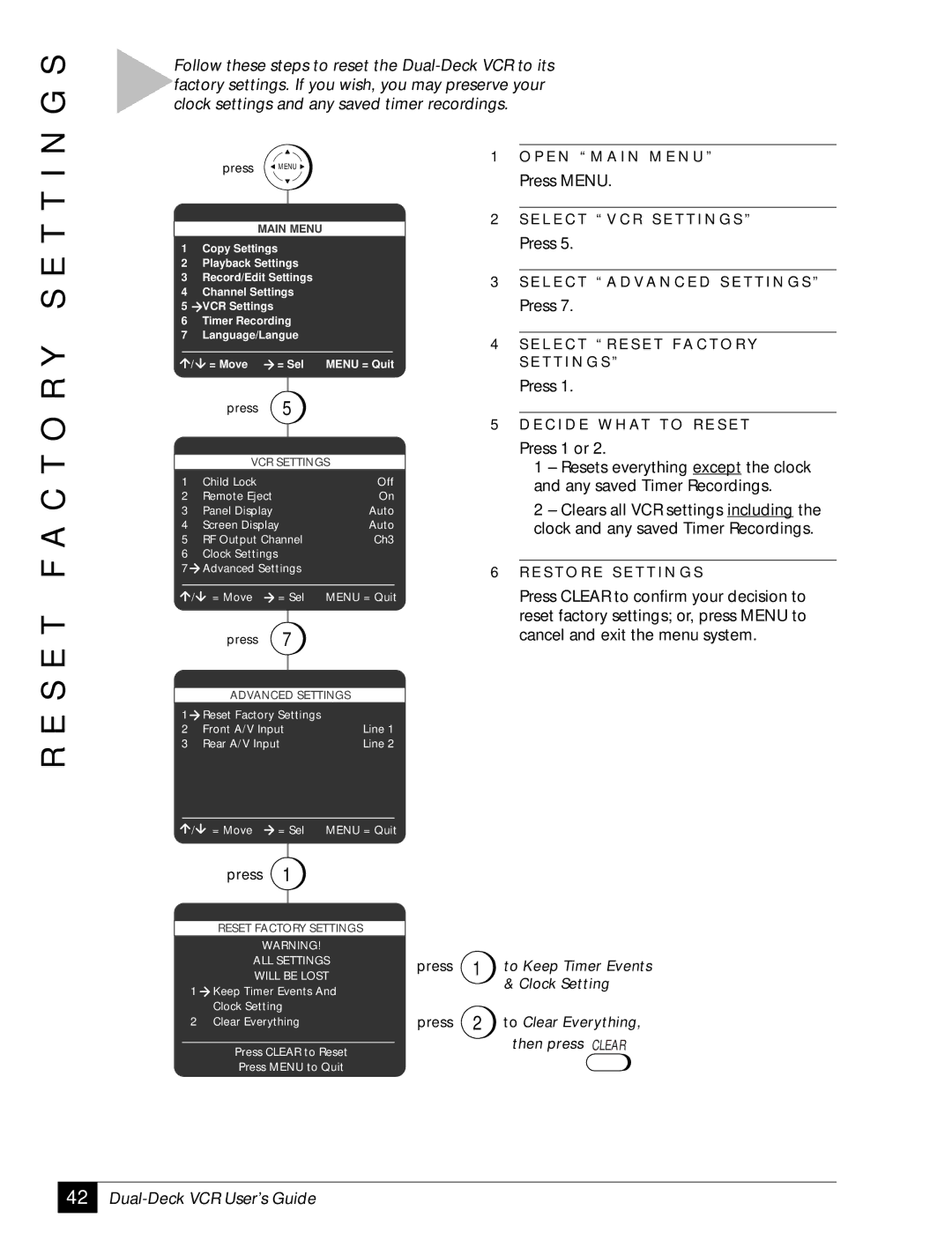 GoVideo DDV 2110 manual S E T F a C T O R Y S E T T 