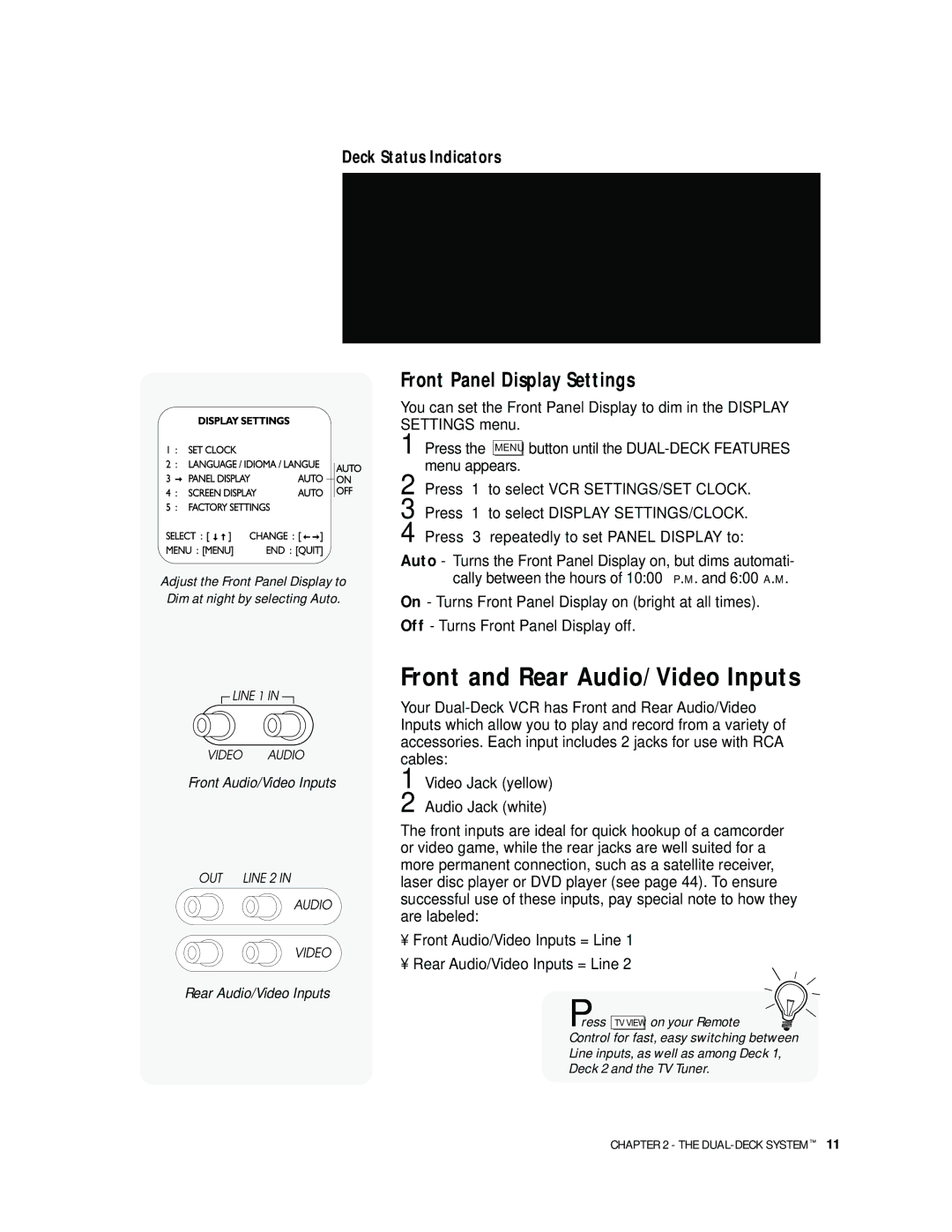 GoVideo DDV 9300 manual Front and Rear Audio/Video Inputs, Front Panel Display Settings 