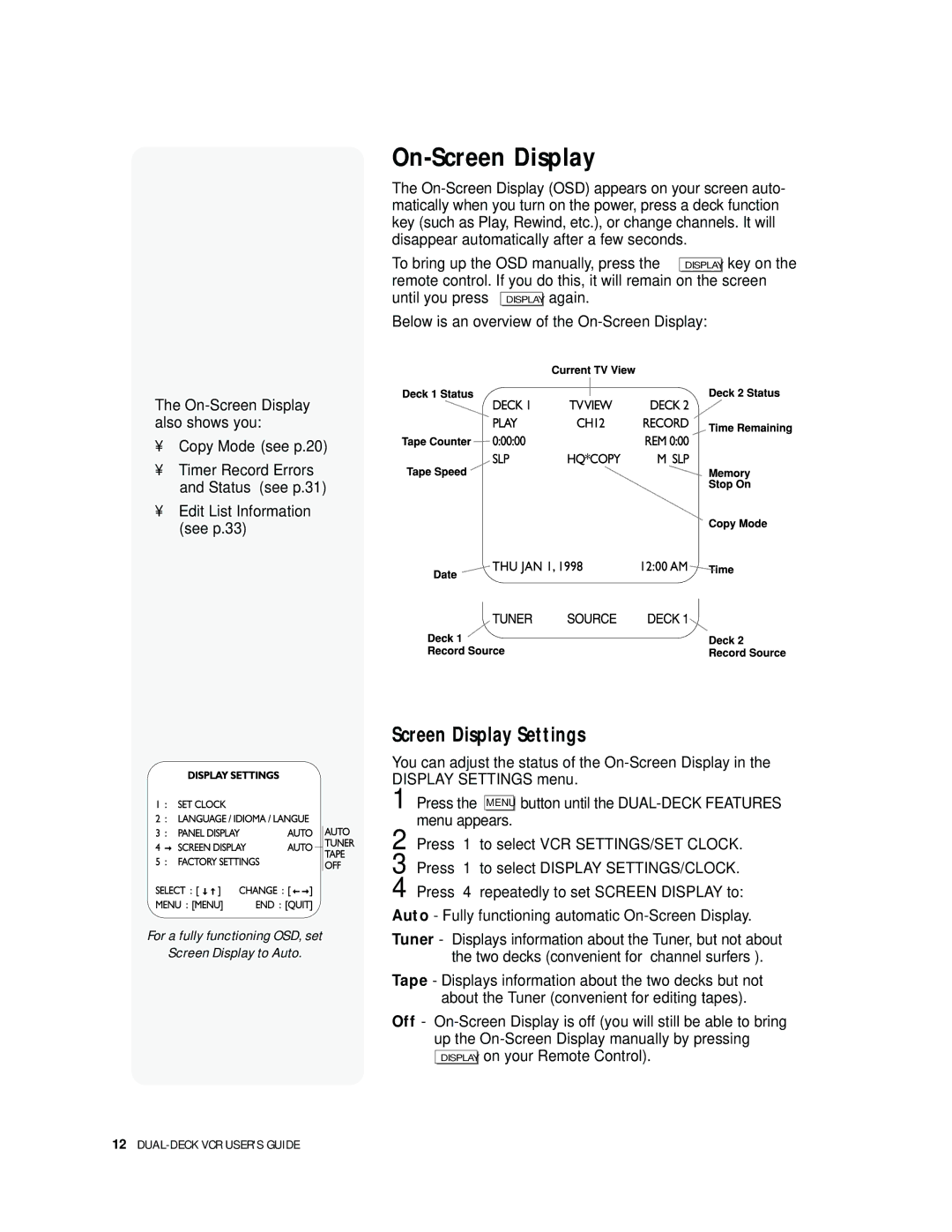 GoVideo DDV 9300 manual On-Screen Display, Screen Display Settings 