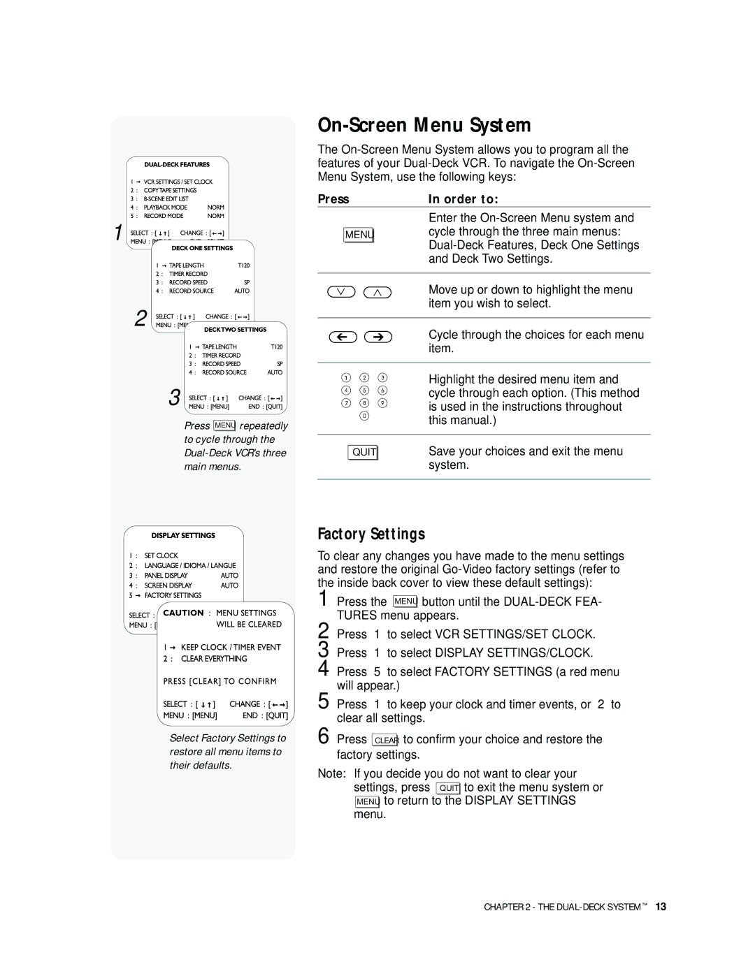 GoVideo DDV 9300 manual On-Screen Menu System, Factory Settings, Press Order to 