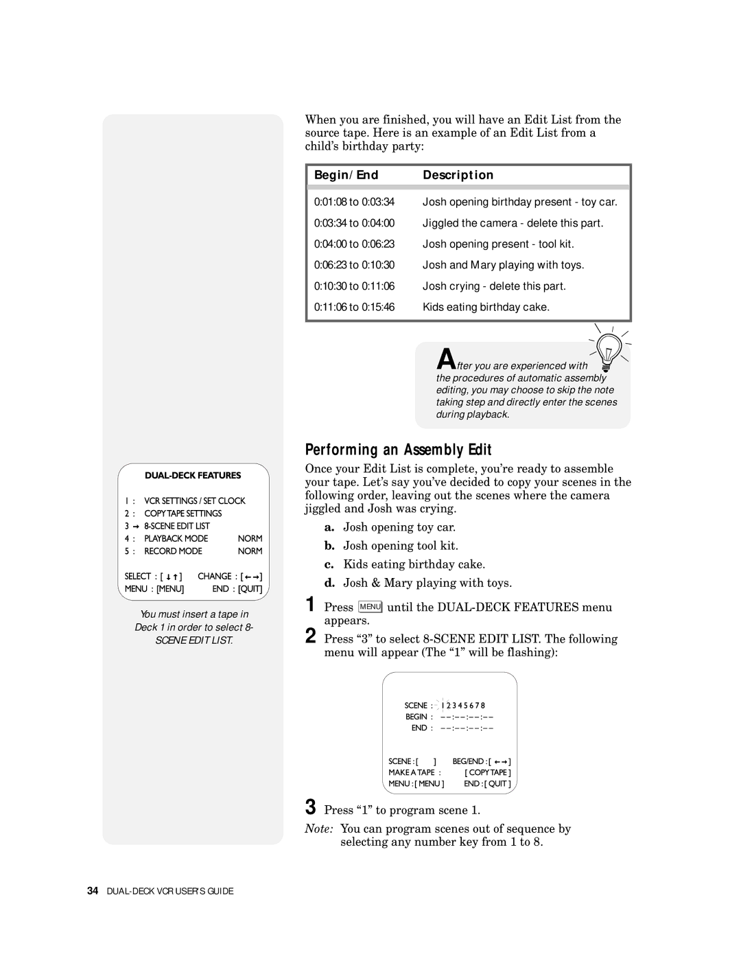 GoVideo DDV 9300 manual Performing an Assembly Edit, Begin/End Description 