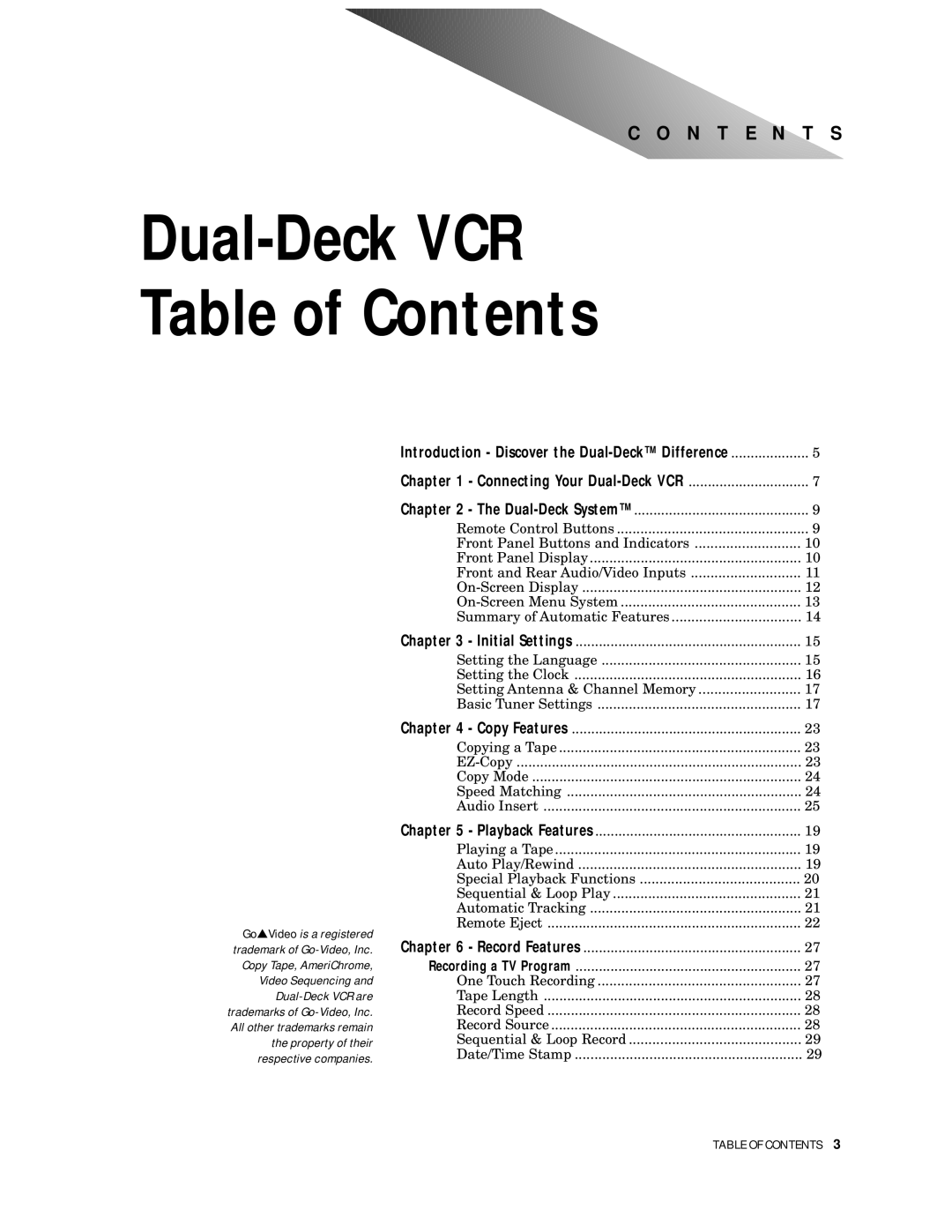 GoVideo DDV 9300 manual Dual-Deck VCR Table of Contents 