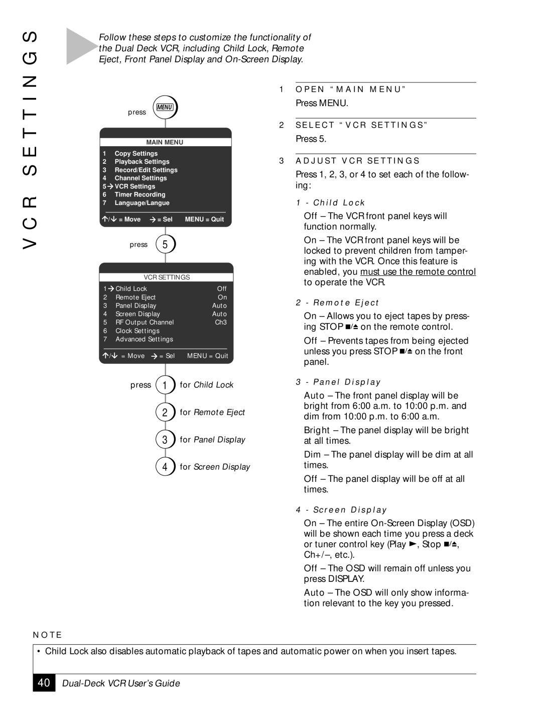 GoVideo DDV2001 manual R S E T T I N G S, To operate the VCR 