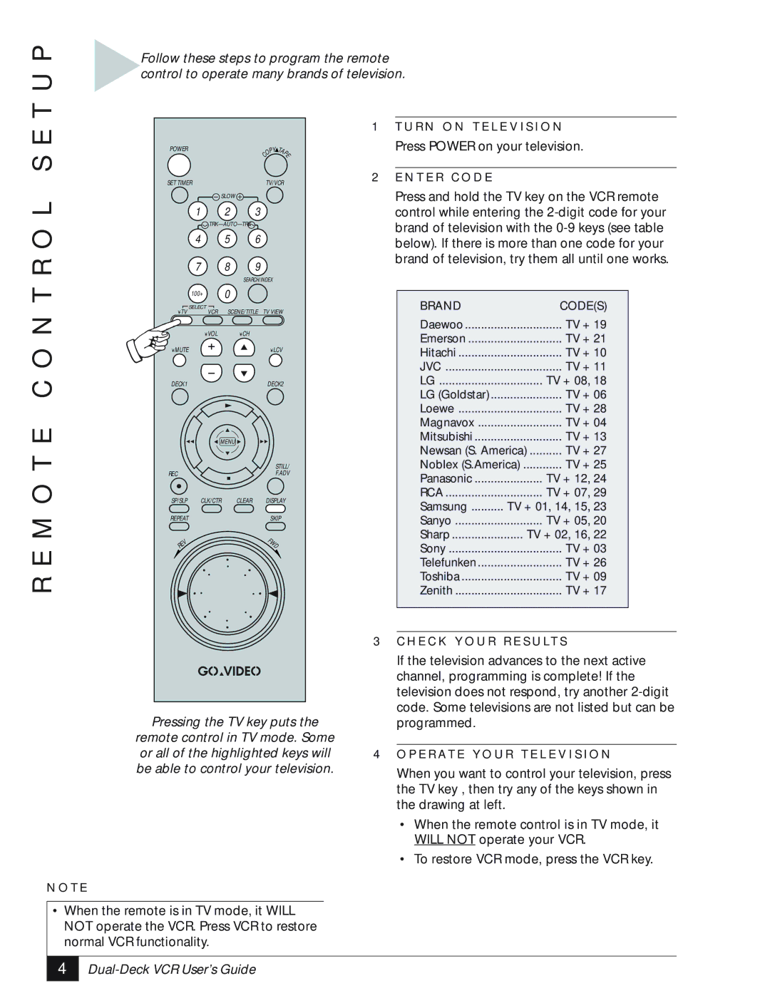 GoVideo DDV3110 manual M O T E C O N T R O L S E T U P, Brand of television, try them all until one works 