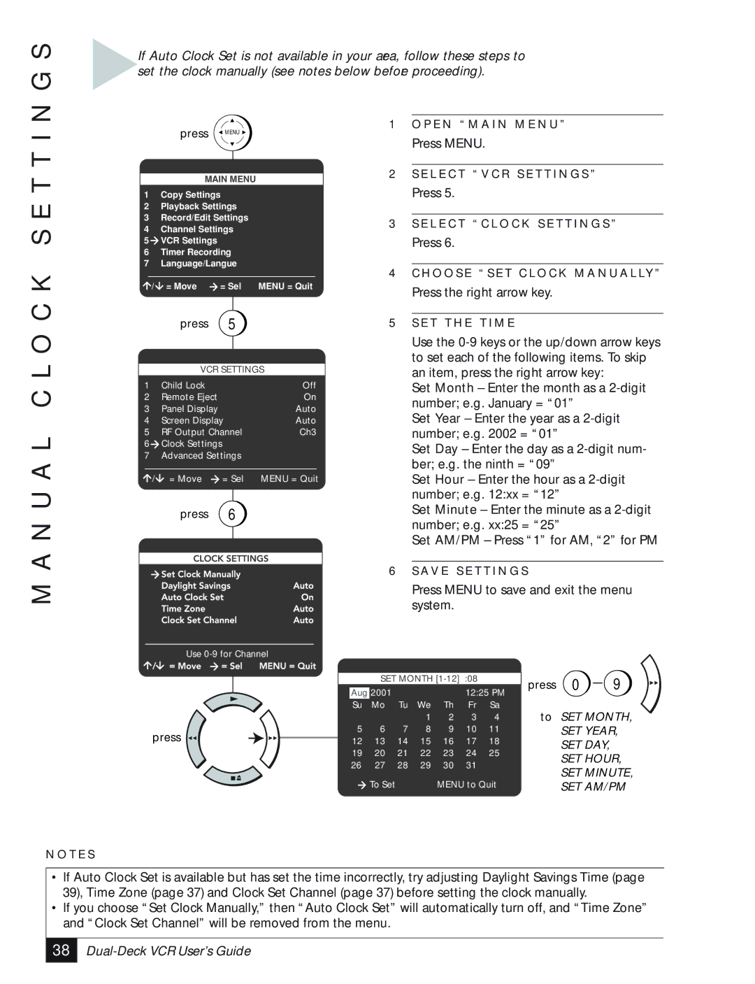 GoVideo DDV3110 manual U a L C L O C K S E T T, Press Menu to save and exit the menu system 