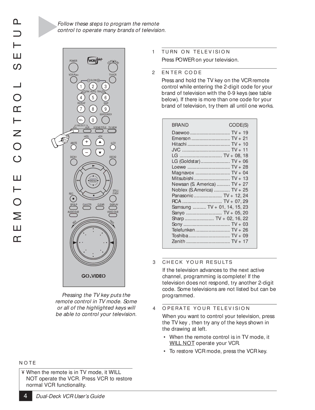 GoVideo DDV3120 manual M O T E C O N T R O L S E T U P, Brand of television, try them all until one works 