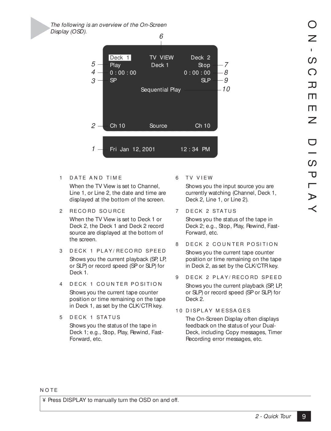 GoVideo DDV3120 manual S C R E E N D I S P L a Y, Following is an overview of the On-Screen Display OSD 