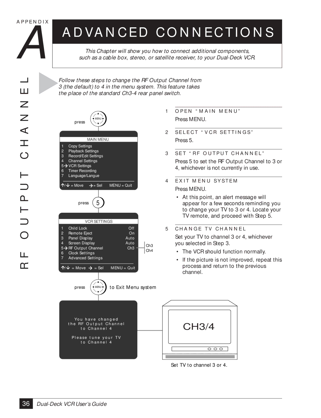 GoVideo DDV3120 manual Va N C E D C O N N E C T I O N S, O U T P U T C H a N 