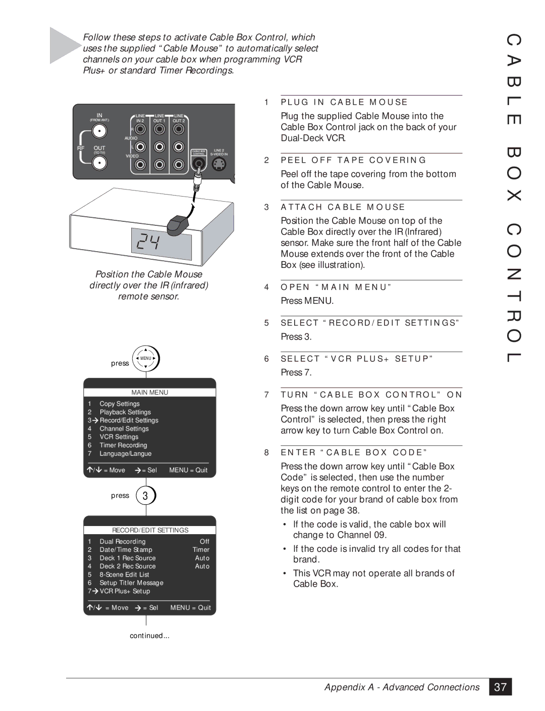 GoVideo DDV3120 manual B O X C O N T R O L, Appendix a Advanced Connections 