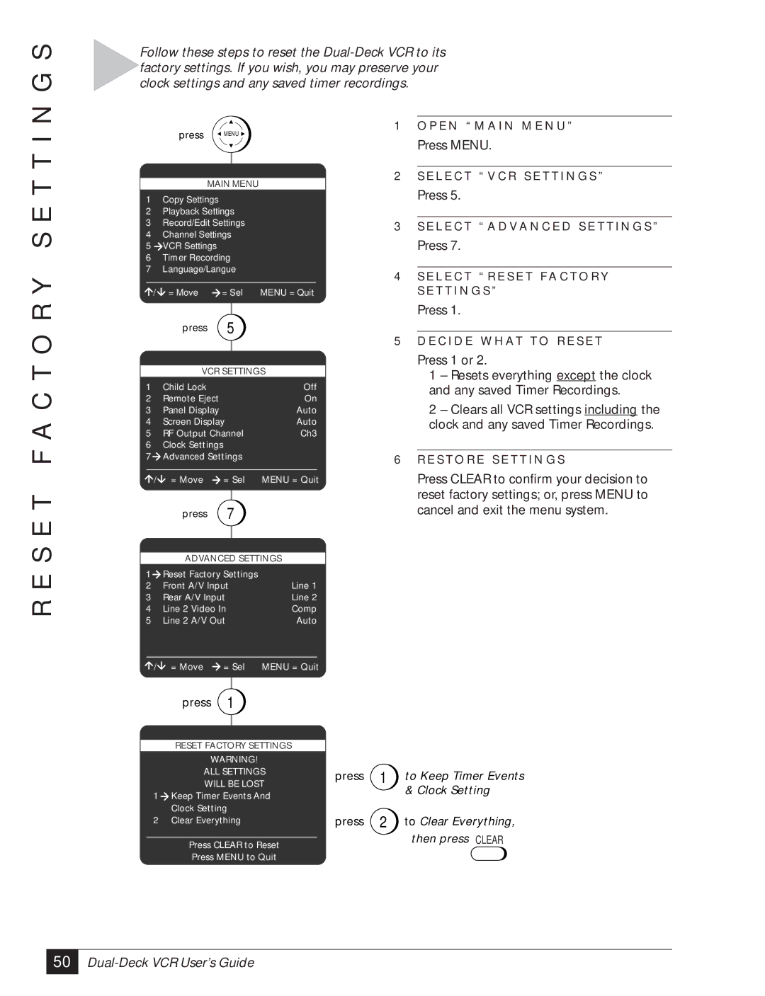 GoVideo DDV3120 manual S E T F a C T O R Y S E T T 