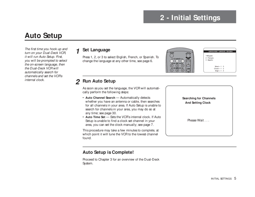 GoVideo DDV9475 manual Initial Settings, Set Language, Run Auto Setup, Auto Setup is Complete 