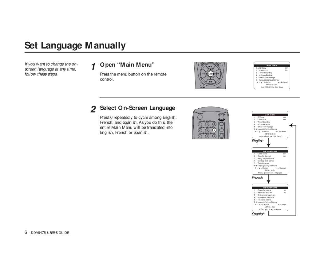 GoVideo DDV9475 manual Set Language Manually, Select On-Screen Language 