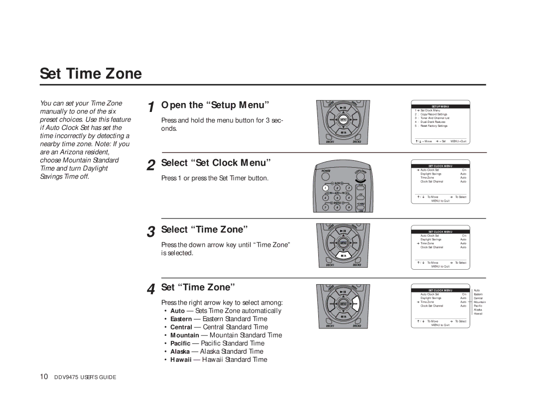 GoVideo DDV9475 manual Set Time Zone, Select Time Zone 