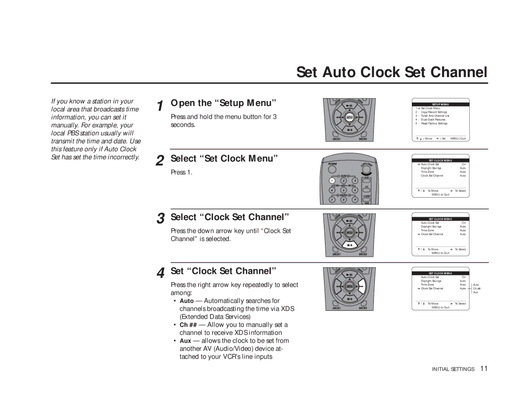 GoVideo DDV9475 manual Set Auto Clock Set Channel, Select Clock Set Channel, Set Clock Set Channel 