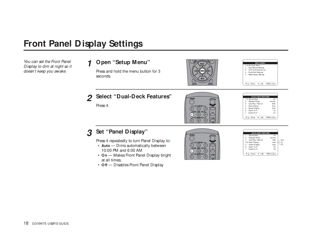 GoVideo DDV9475 manual Front Panel Display Settings, Select Dual-Deck Features, Set Panel Display 