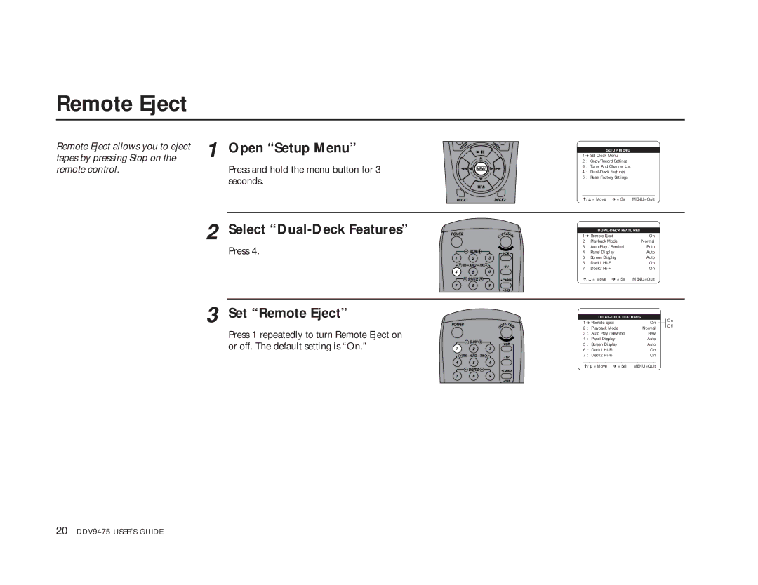 GoVideo DDV9475 manual Set Remote Eject 