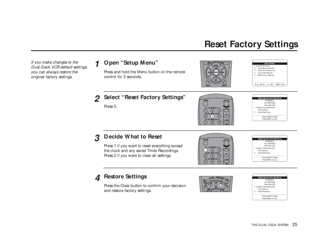 GoVideo DDV9475 manual Select Reset Factory Settings, Decide What to Reset, Restore Settings 